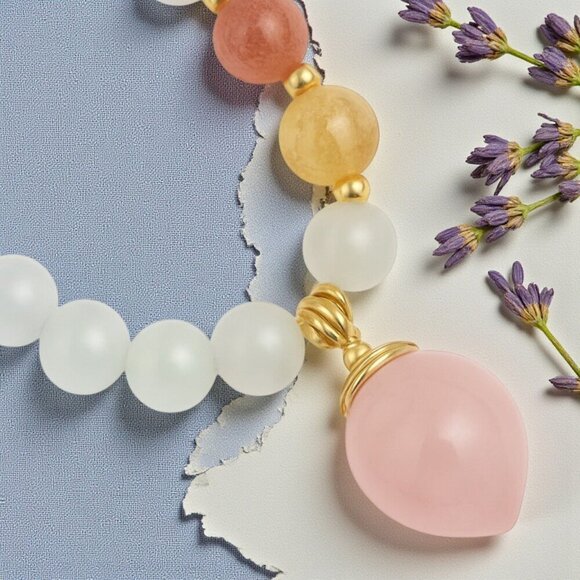 Elegant Natural Opal Beaded Dainty Stretchy Bracelet with Pink Peach Charm - Picture 7 of 9